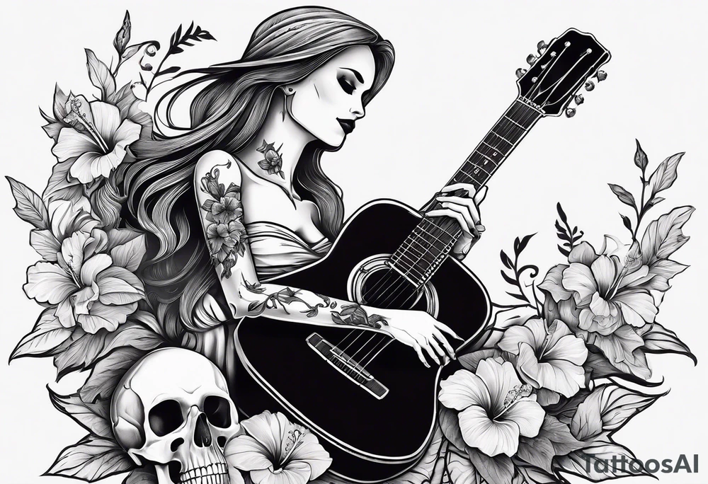 a female skeleton with hibiscus flower listening to a male skeleton play guitar . western style tattoo idea