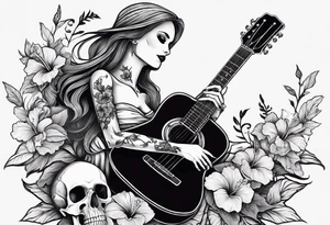 a female skeleton with hibiscus flower listening to a male skeleton play guitar . western style tattoo idea