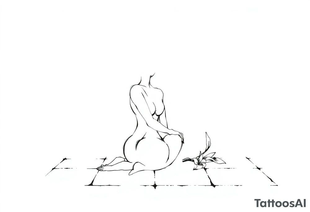 A simple tile floor with a minimalist, almost abstract curled figure sitting on the floor with a lily next to her tattoo idea