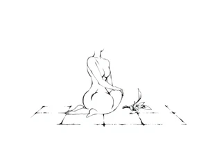 A simple tile floor with a minimalist, almost abstract curled figure sitting on the floor with a lily next to her tattoo idea