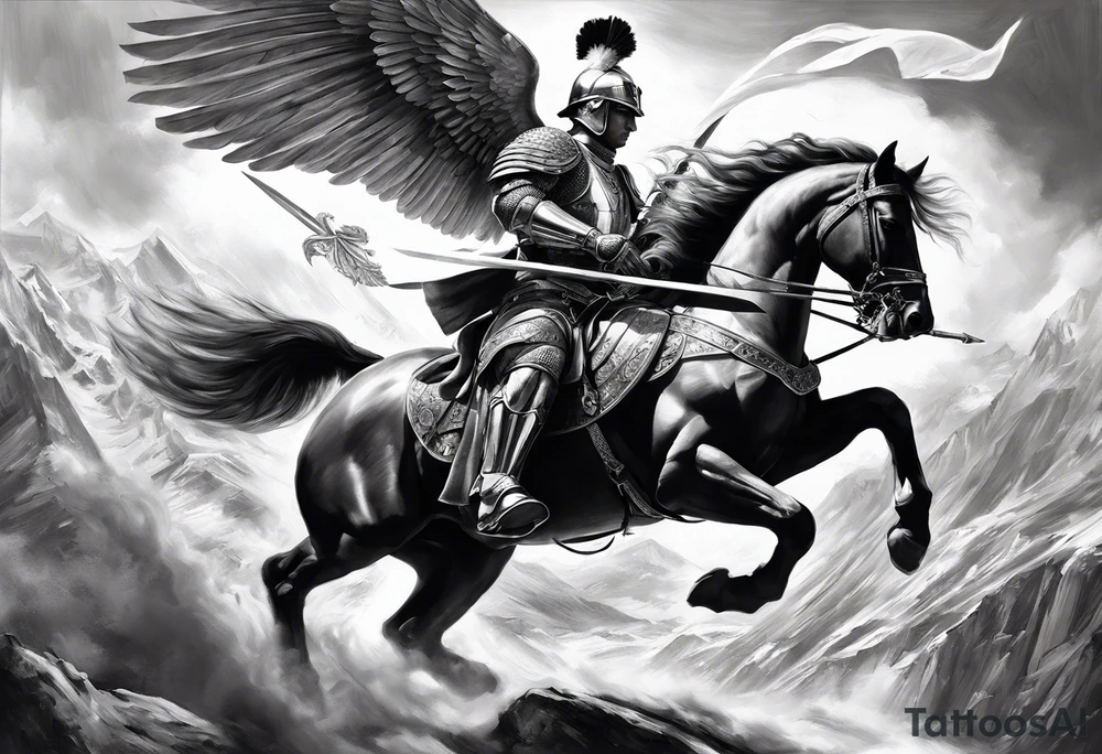 **Main Theme**: A Hussar on horseback in full armor, dynamically portrayed in the middle of a charge. The Hussar's wings are clearly visible, adding dynamics to the composition.
   - Archangel Michael positioned in the background, with a raised sword ready for battle, armed with a shield.
   - The Hussar is holding a banner showcasing the White Eagle.
   - Elements of the Arch tattoo idea