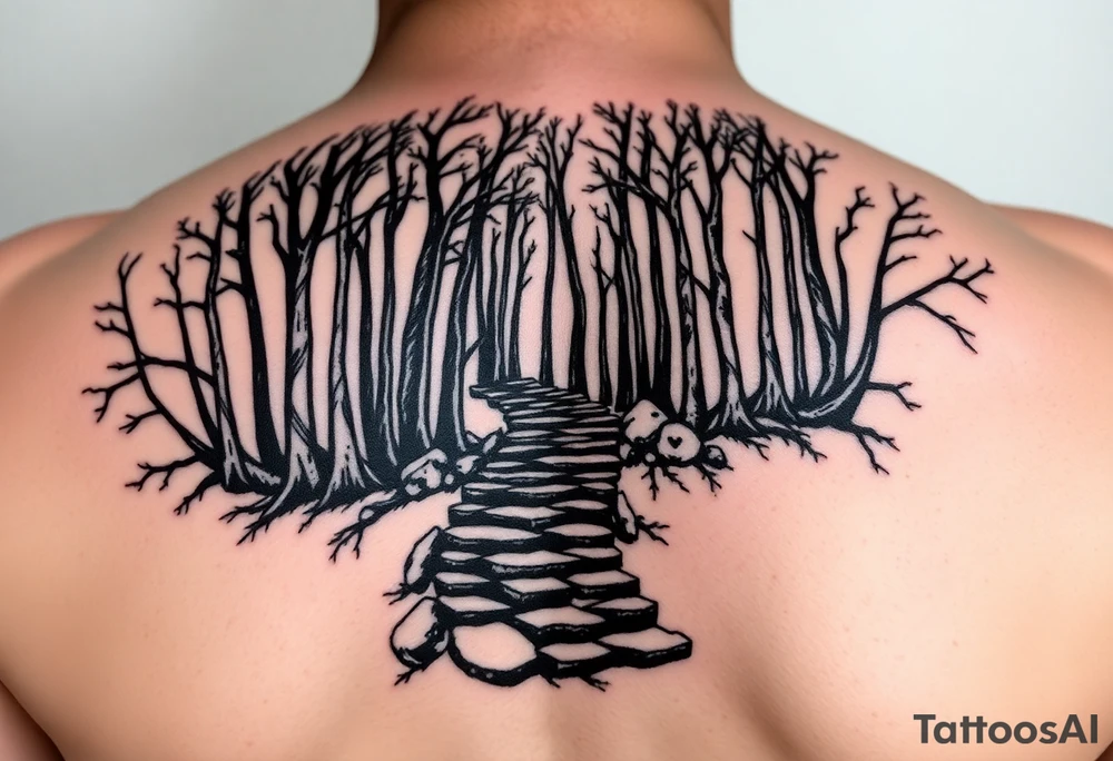 Nächtlicher kahler Wald mit dornigem Pfad zu der mit alten Treppen an einer burgruine endet tattoo idea
