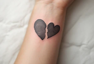 Matching fingerprint hearts in black ink, customized from each other’s actual prints. tattoo idea