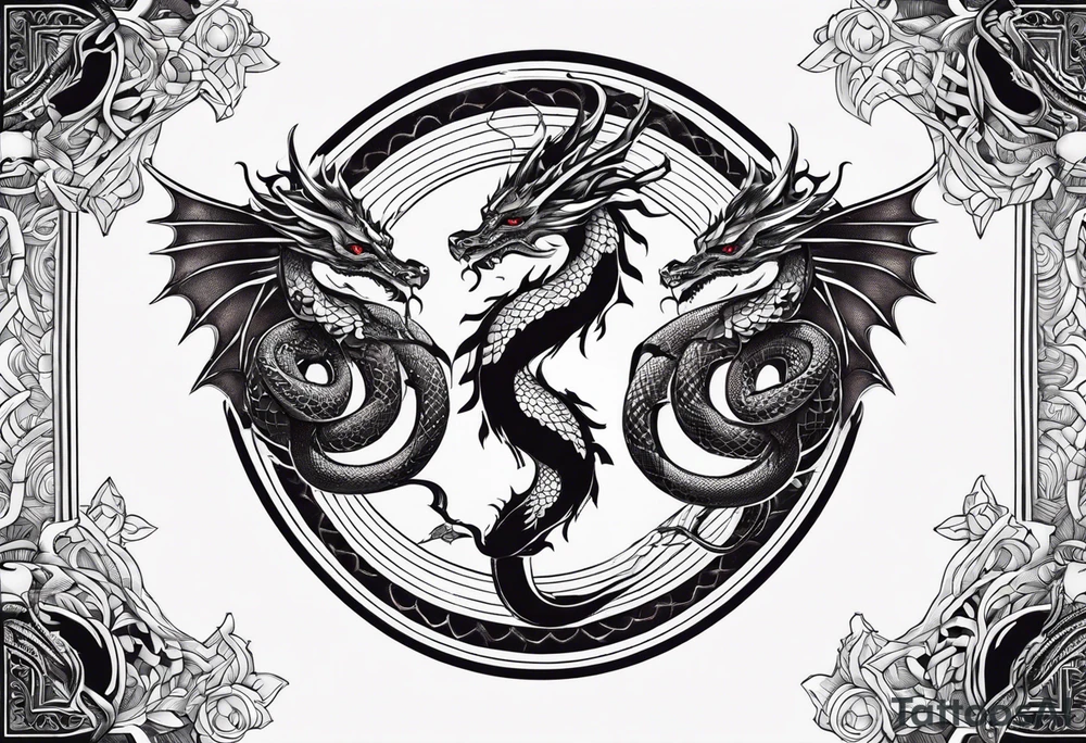 caduceus replace snakes with eastern dragons tattoo idea