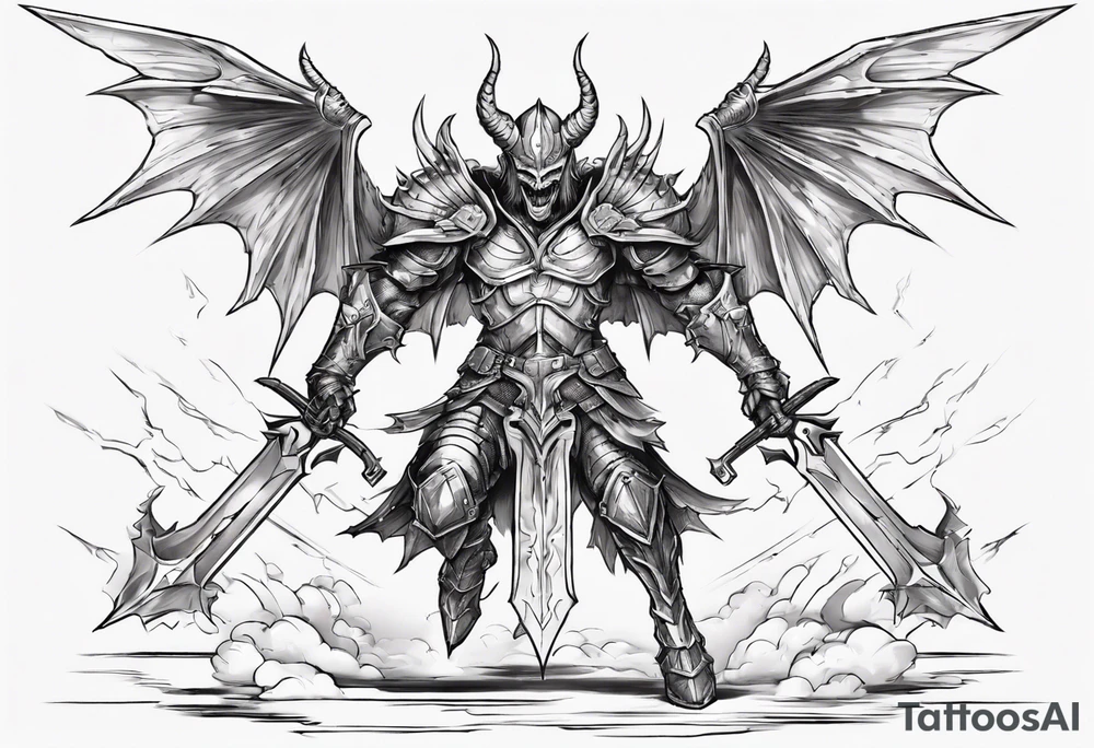 A winged light demon wearing armor that is in mid-air with his two-handed sword about to attack in isometric view. tattoo idea