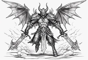 A winged light demon wearing armor that is in mid-air with his two-handed sword about to attack in isometric view. tattoo idea