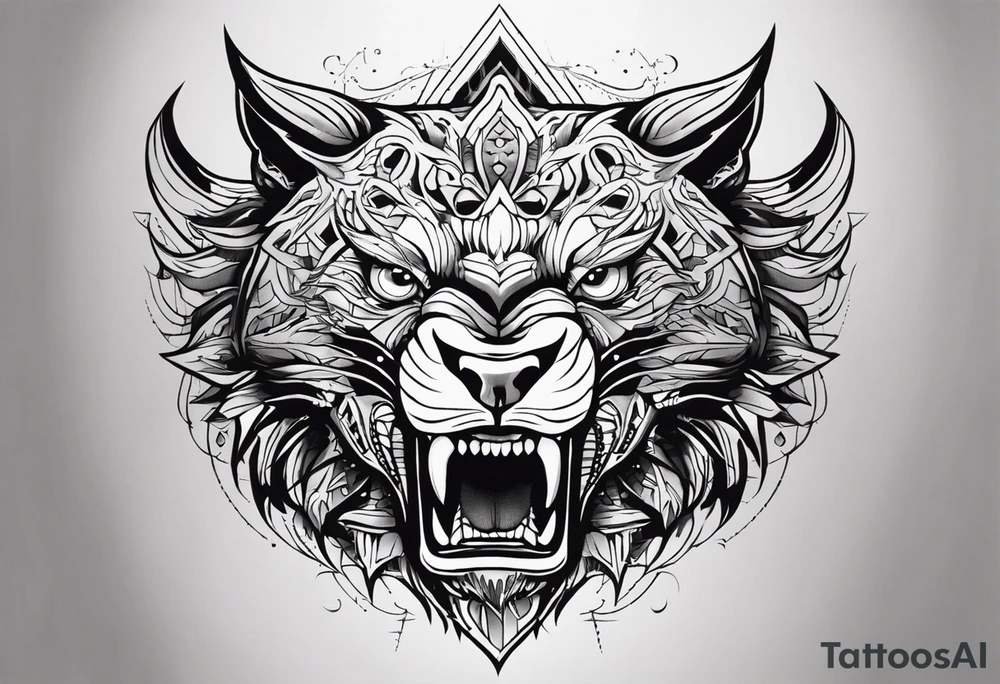 A tattoo designed for the knee, featuring the face of a mitological beast with wild, exaggerated features, such as sharp fangs, intense eyes, and a snarling expression. The design incorporates large areas of white space for contrast, with beams of light or energy radiating outward from the beast’s eyes in a chaotic and powerful pattern. The overall look should be bold and primal, with flowing lines that adapt naturally to the curvature of the knee. tattoo idea