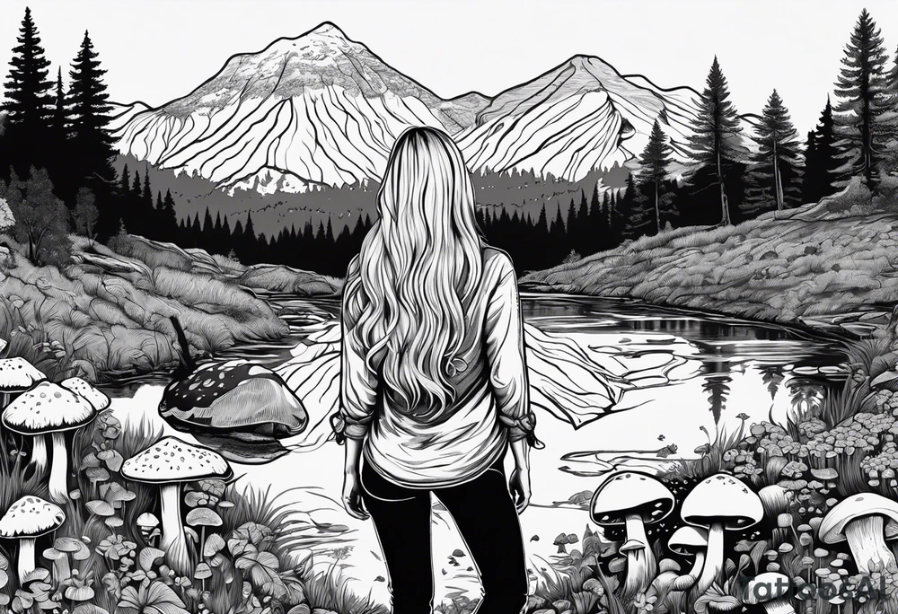 Whole picture encircled fully

Straight long blonde hair hippie girl in distance holding mushrooms in hand facing away toward mountains and creek surrounded by mushrooms long sleeve shirt and hiking pants; whole rendering within a full circle, no cut off circle tattoo idea
