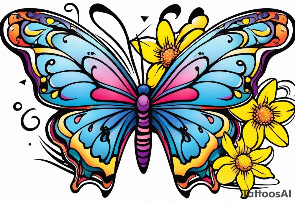 Butterfly, star and daffodils, aster flower tattoo idea