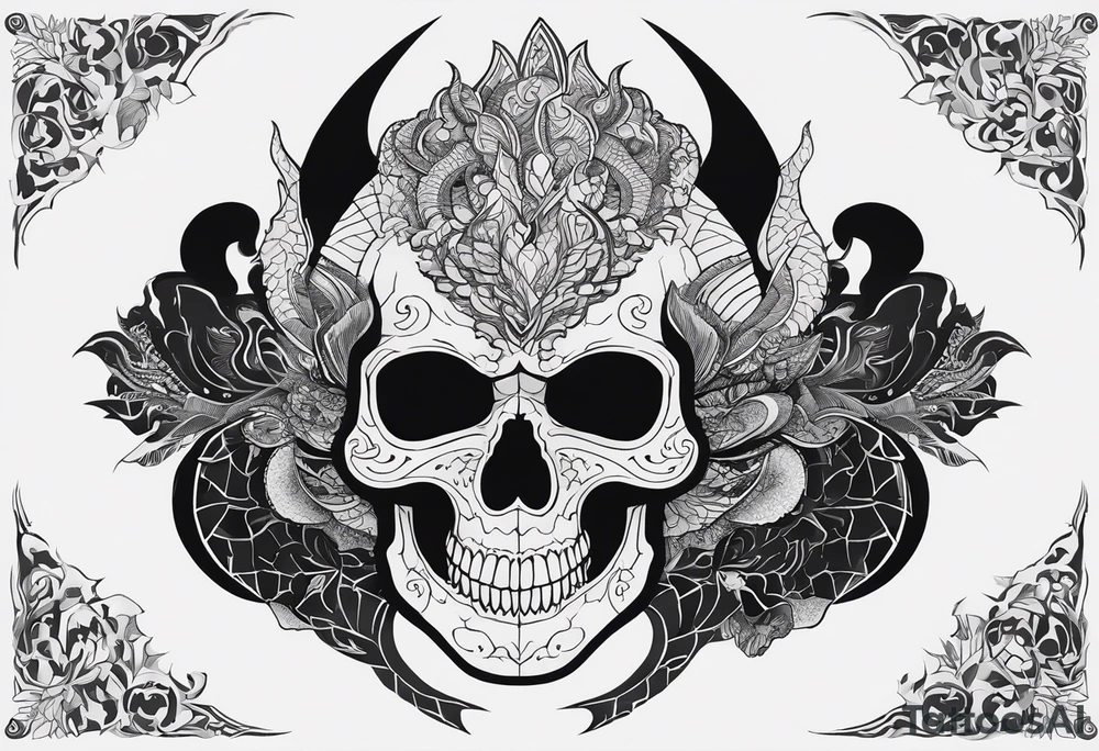 A black-and-white silhouette illustration of a fantastical skull with intricate details, its face twisted into surreal, angular shapes. Wrapped around the skull is a dragon, its body coiled in a striking, dynamic pose, with sharp, bold outlines for its scales and features. Surrounding the main skull are several smaller skulls, each with distinct, abstract patterns formed from solid black lines and shapes. The overall design is rich in detail, but entirely in black and white, with no shading or gradients. The background is dark and minimalistic, with swirling, shadowy shapes that add a sense of mystery and the supernatural. The composition embodies dark fantasy, emphasizing death and creativity through sharp contrasts and striking silhouettes. tattoo idea