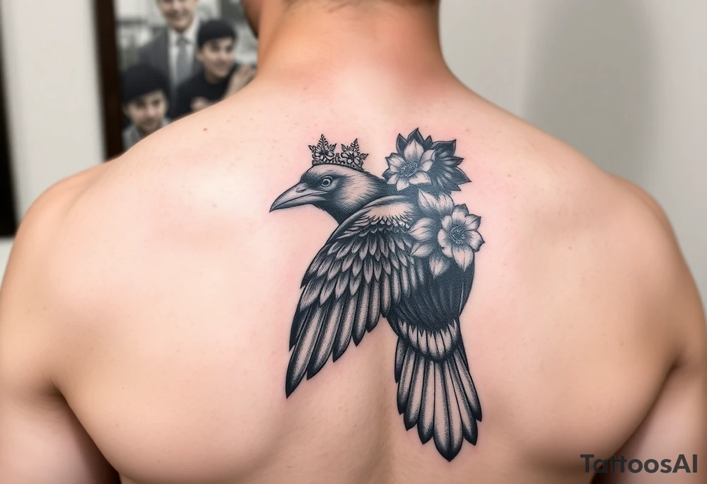 Crow with yellow flower crown and broken wing tattoo idea