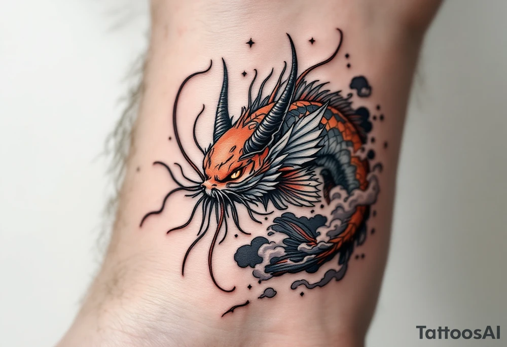 A fantasy hybrid catfish with long whiskers resembling tendrils, crimson and smoky gray scales, and finned horns, swirling through stylized clouds and mist. tattoo idea