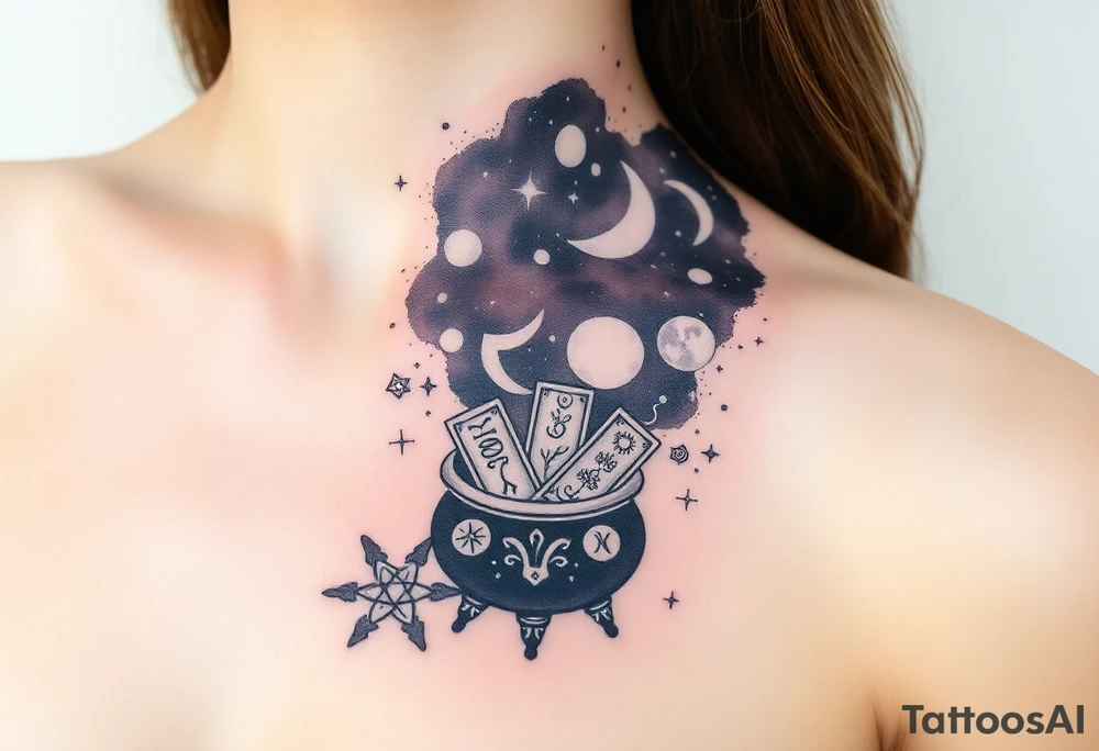 Milky way galaxy filled with zodiac symbols runes tarot cards coming out of a cauldron tattoo idea