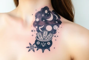 Milky way galaxy filled with zodiac symbols runes tarot cards coming out of a cauldron tattoo idea