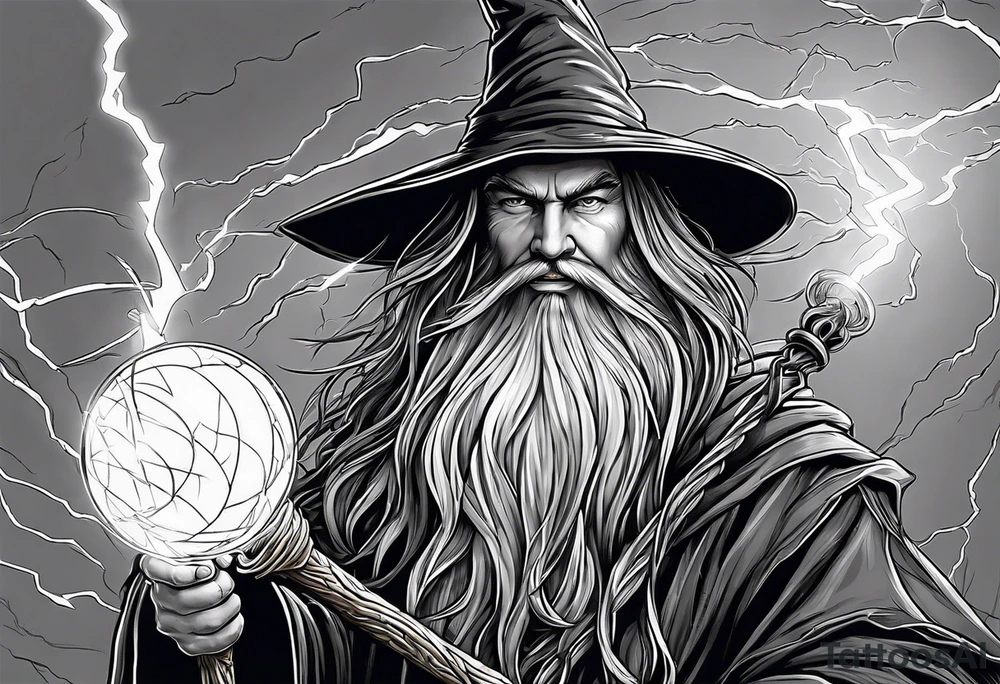Wizard controlling lightning with a staff with blue arc ball tattoo idea