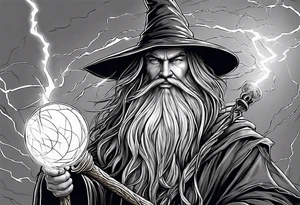 Wizard controlling lightning with a staff with blue arc ball tattoo idea