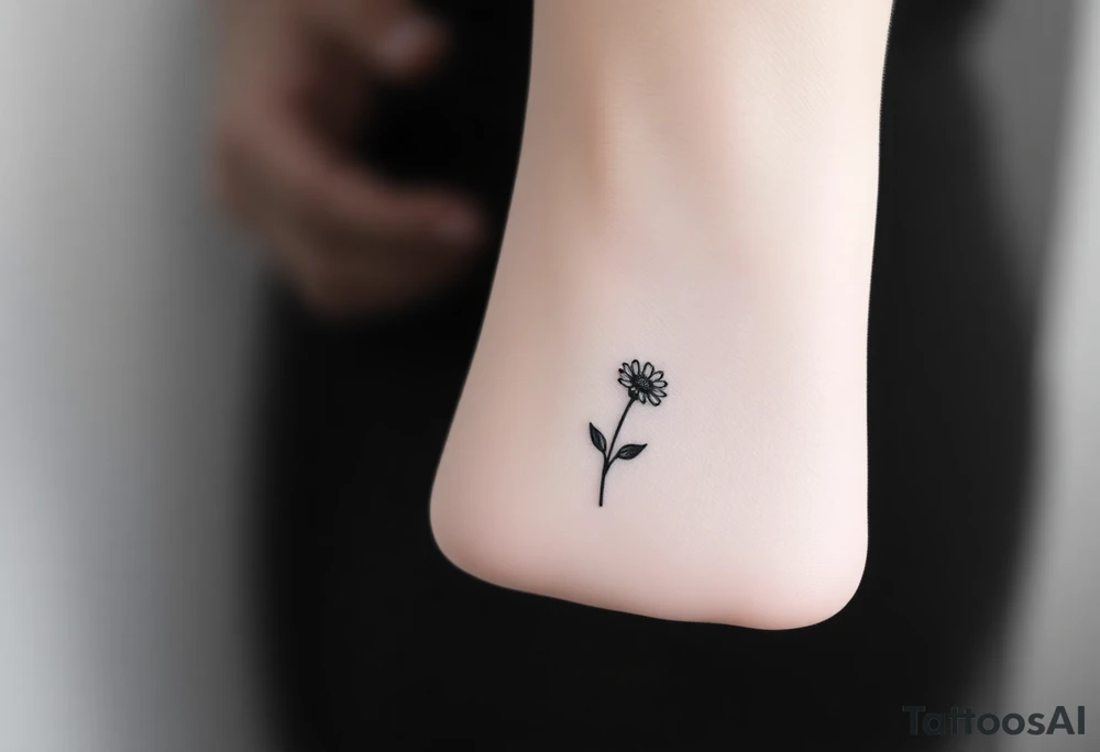 Small black and white tattoo waxing crescent moon with small Daisy birth flower and tiny Leo gliph tattoo idea