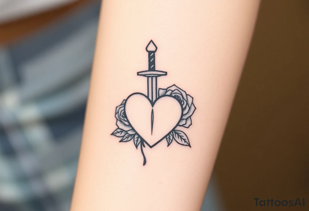 dagger piercing a heart with roses tattoo idea