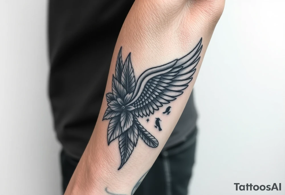 Full Sleeve tattoo including details of a few jungle leave's, Puerto Rican/Taino/Filipino tribal patterns, angel wing, little bird figures, tattoo idea