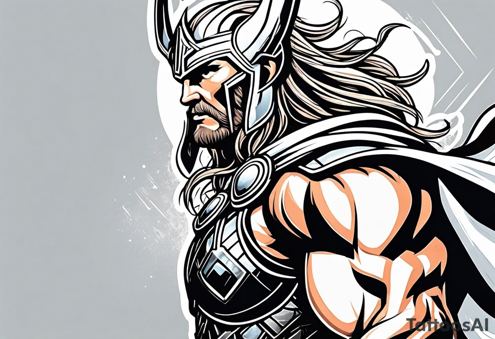 The Mighty Thor not so muscular profile with Mjolnir with the entire design shown tattoo idea