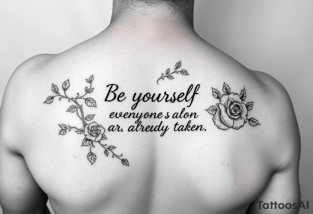 A forearm that has vines and roses with the saying be yourself everyone else is already taken tattoo idea