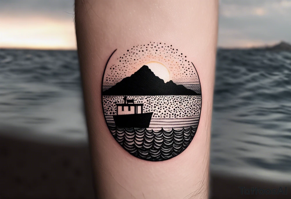 Sunset from the perspective of being on a boat on the ocean. The waves are very calm and there is no land in site. There are slight reflections of the sun on the water. The tattoo will be in landscape orientation on the forearm, rought 3 inches wide and 2 inches tall. The style is incredibly minimal and simple. Mostly black with small splashes of color from the sun. There are no other objects in the tattoo besides the sun, water, and maybe some clouds and a bird or two, tattoo idea