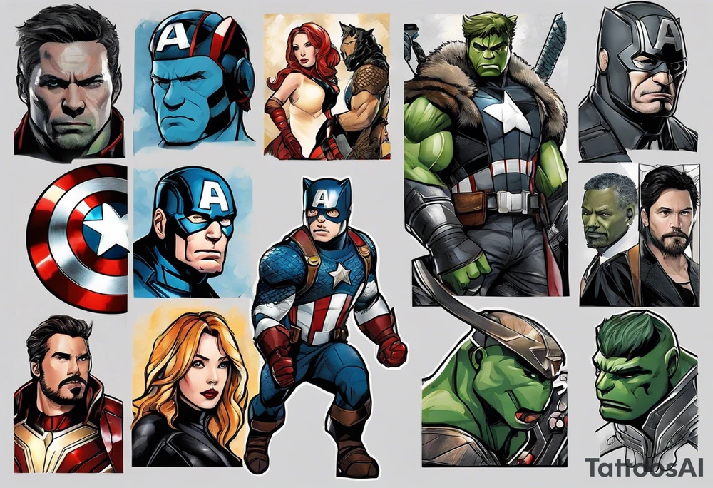 I want to change Avengers Team characters with animals. Hulk will be Badger, Thor will be Alpha Grey Wolf, Captain America will be Bull, Iron Man will be Canary, Black Widow will be Axolotl, Hawk Eye will be Sudan Plated Lizard and Nick Fury will be Cat. tattoo idea