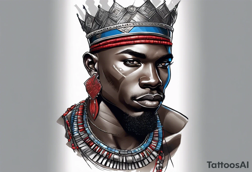 Black-skinned bald african warrior. He wears a simple and small silver crown. He uses two simple necklaces: one blue, other red. tattoo idea