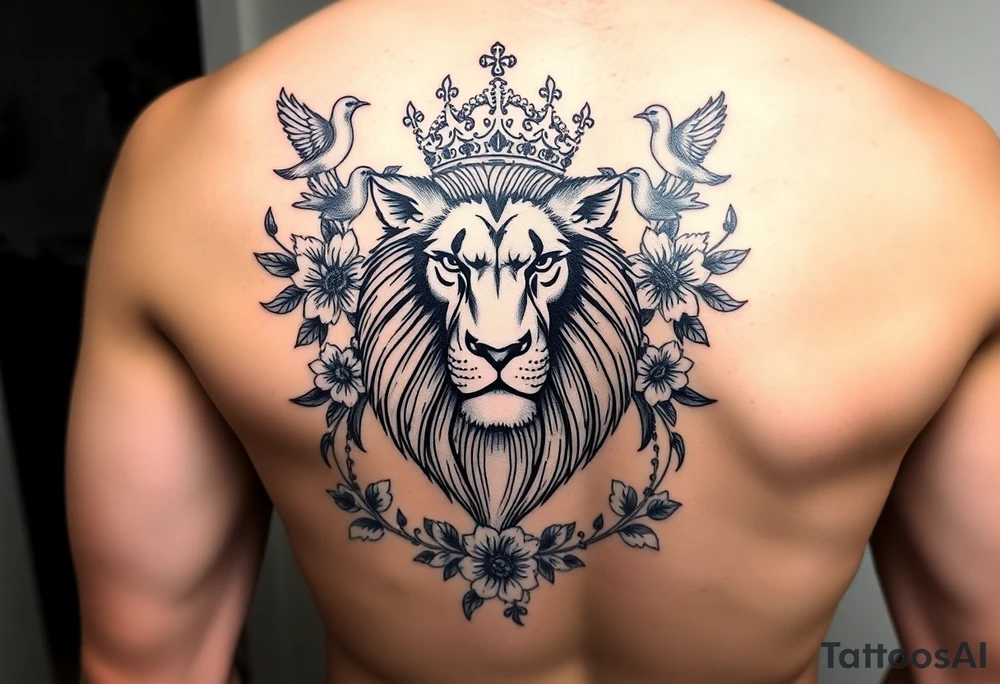 powerful majestic lion with a crown, surrounded by floral ornaments and birds tattoo idea