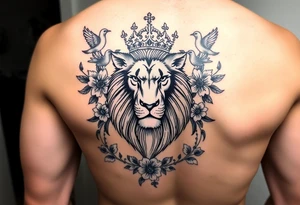 powerful majestic lion with a crown, surrounded by floral ornaments and birds tattoo idea