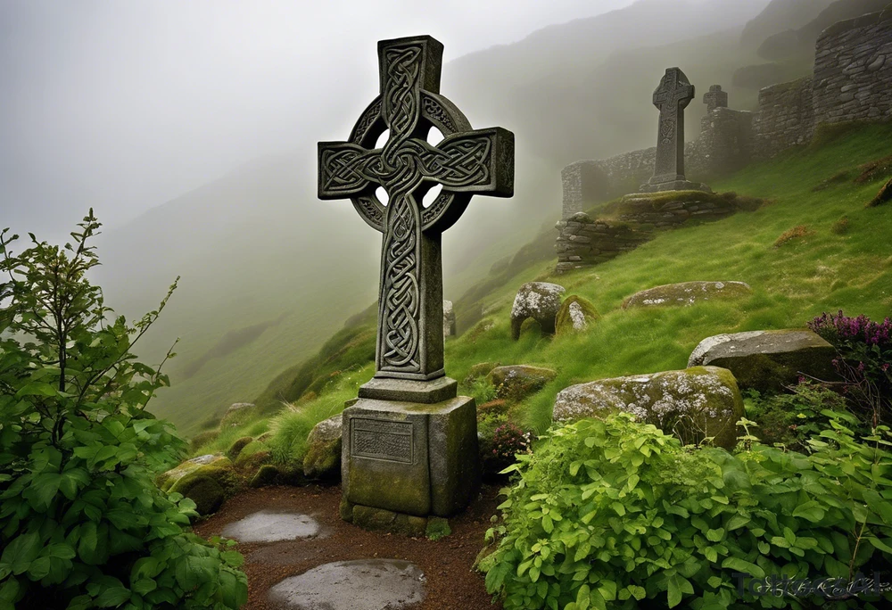 A stone Celtic cross standing tall against the backdrop of a misty, overgrown hillside. The cross is fashioned from weathered gray stone, its arms intricately carved with intertwining knots and spirals that evoke the artistry of ancient Celtic craftsmanship. At the intersection of the arms, a large, flat stone serves as the base, adorned with a carving of a knotwork circle. Perched atop the outermost arm of the cross is a raven, its ebony feathers shining in the soft, diffused light. The bird's head is tilted slightly to the side, its beady eyes fixed on something in the distance, as if lost in thought or contemplation. The surroundings are quiet and serene, with a light breeze rustling through the wild grass and the distant calls of unseen birds. The Celtic cross stands as a testament to the enduring spirit of the Celts, its presence echoing through the centuries, its story waiting to be told. tattoo idea