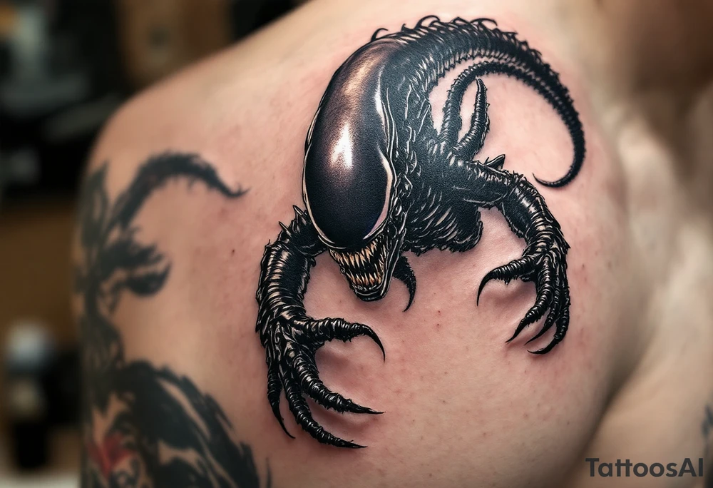 A realistic Xenomorph in mid-pounce, its glossy black body and sharp claws contrasted with subtle, deep purple highlights under the moonlight. tattoo idea