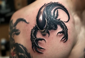 A realistic Xenomorph in mid-pounce, its glossy black body and sharp claws contrasted with subtle, deep purple highlights under the moonlight. tattoo idea