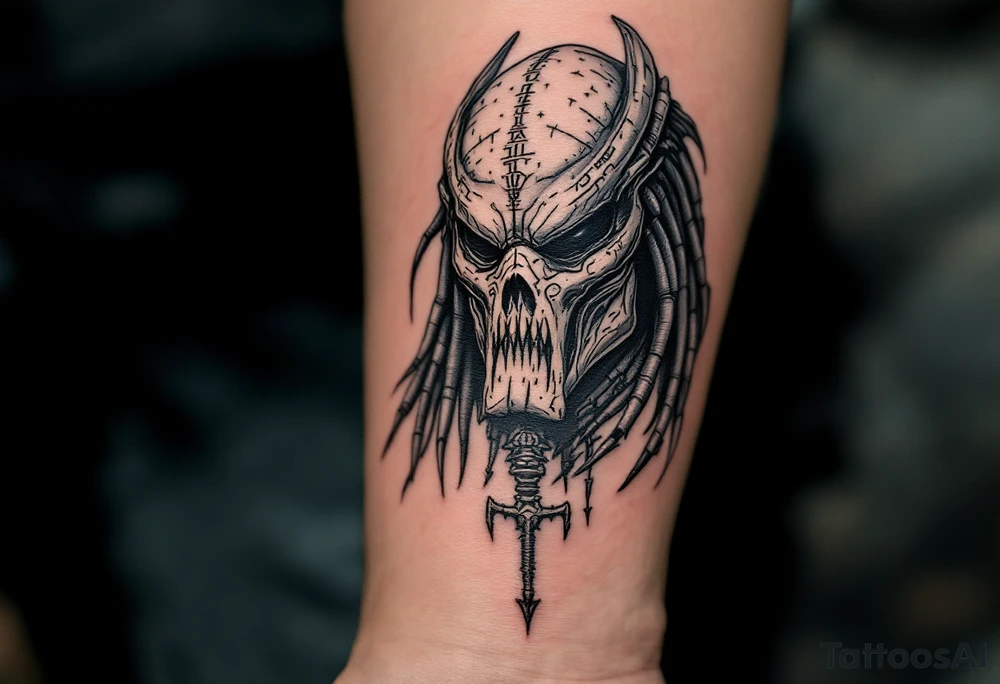 Titan Predator – A genetically superior, prehistoric Yautja, standing 14 feet tall, with thick, rock-like hide, primitive, rune-covered weapons, and a bio-mask carved from the skull of an ancient beast. tattoo idea