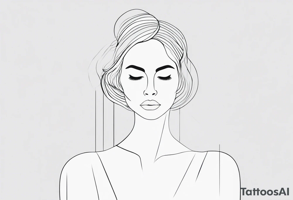 ilustração minimalista, predominantemente em preto e branco, em arte digital estilo traços, como o esboço de um desenho. A ilustração deve representar Oxum Opará, tendo uma figura feminina no centro, desenhada com linhas fluidas e graciosas, vestindo um longo manto ou vestido que flui elegantemente. A mulher está de perfil e parece dançar ou mover-se ritmicamente, sugerindo leveza e movimento. Sua cabeça é adornada com uma coroa, tendo contas presas na coroa que cobrem seu rosto. Seu cabelo está preso em uma trança. Na mão esquerda carrega um Abebé, que é espelho. Na mão direita carrega uma adaga, uma pequena espada, mostrando que se trata de Oxum Opará, uma mistura de Oxum e Iansã. tattoo idea