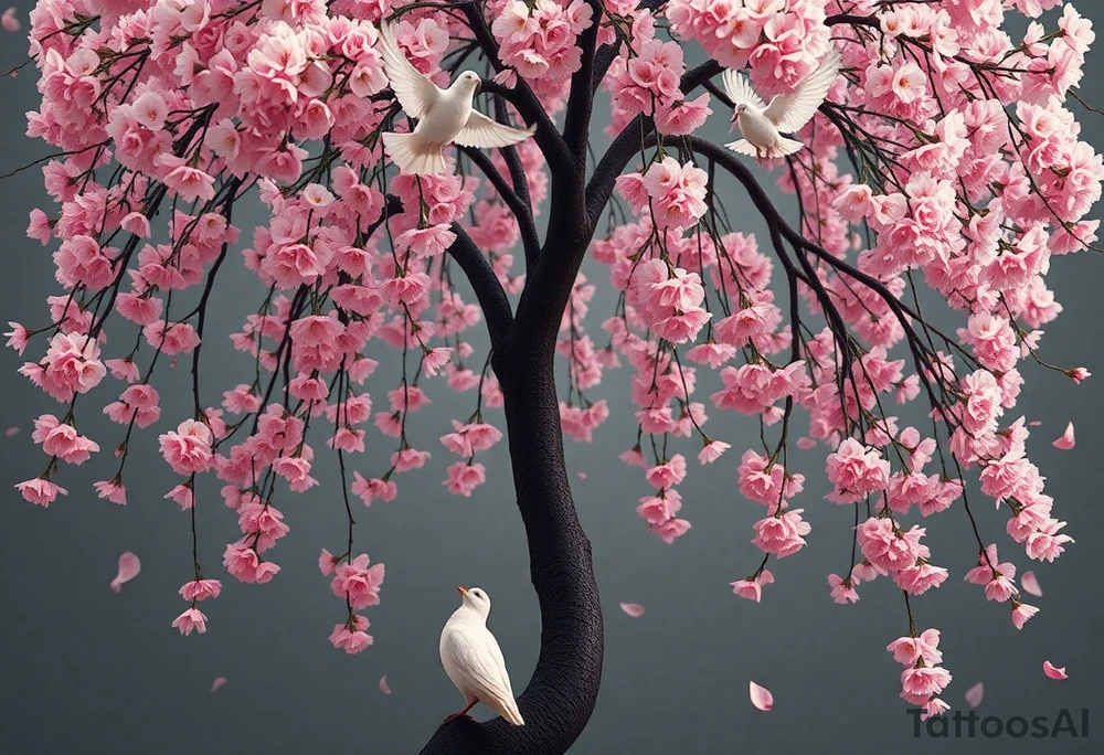 A full back piece centered along your spine featuring a graceful weeping cherry tree, elegant and slightly dramatic, with cascading blush-pink blossoms and touches of muted sage green. The trunk is slender but strong, flowing naturally down the spine without looking stiff. The overall tone is romantic like Bridgerton, but with soft gothic undertones in the shading — gentle charcoal depth in the bark and subtle shadowing in some blossoms to keep it from feeling too sweet.

Near the lower portion of the tree, a white mother dove stands or rests close to the trunk, her head tilted upward. She is mostly white, but one wing is softly shaded in smoky gray, like grief resting on her — not black, not harsh, just a gentle stain of sorrow. The shading is artistic and emotional, not heavy.

Above, rising through the branches and drifting petals, a baby dove ascends. Its body is pure white, with the faintest baby pink brushed along the outer edges of its wings, like the cherry blossoms have kissed the feathers. The pink is subtle and watercolor-soft, not bold. The upward motion elongates your back and draws the eye toward hope.

The date — March 31, 2024 – July 2, 2024 — is written in extremely thin, elegant serif lettering and woven into a drooping branch among the leaves. The numbers follow the natural curve of the branch and blend into the foliage, slightly darker than the leaf veins but lighter than the trunk, so from far away it looks like part of the tree’s detail. Only up close does it reveal itself.

The entire piece is airy, emotional, romantic, and refined, with just enough shadow to give it depth without making it dark. No moon. No heavy background. Just tree, doves, drifting petals, and memory woven naturally into the design. tattoo idea