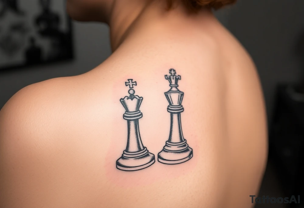 Queen and king chess piece on woman's forearm tattoo idea