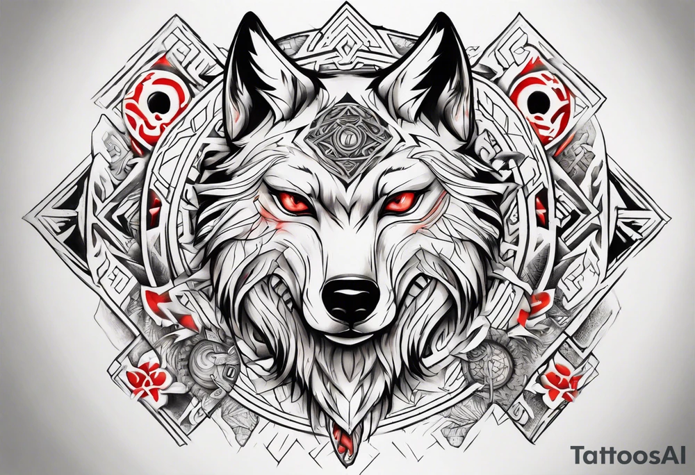 want a half sleeve on my left forearm featuring a wolf with red eyes, surrounded by Māori patterns and Norse symbols tattoo idea