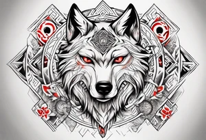 want a half sleeve on my left forearm featuring a wolf with red eyes, surrounded by Māori patterns and Norse symbols tattoo idea