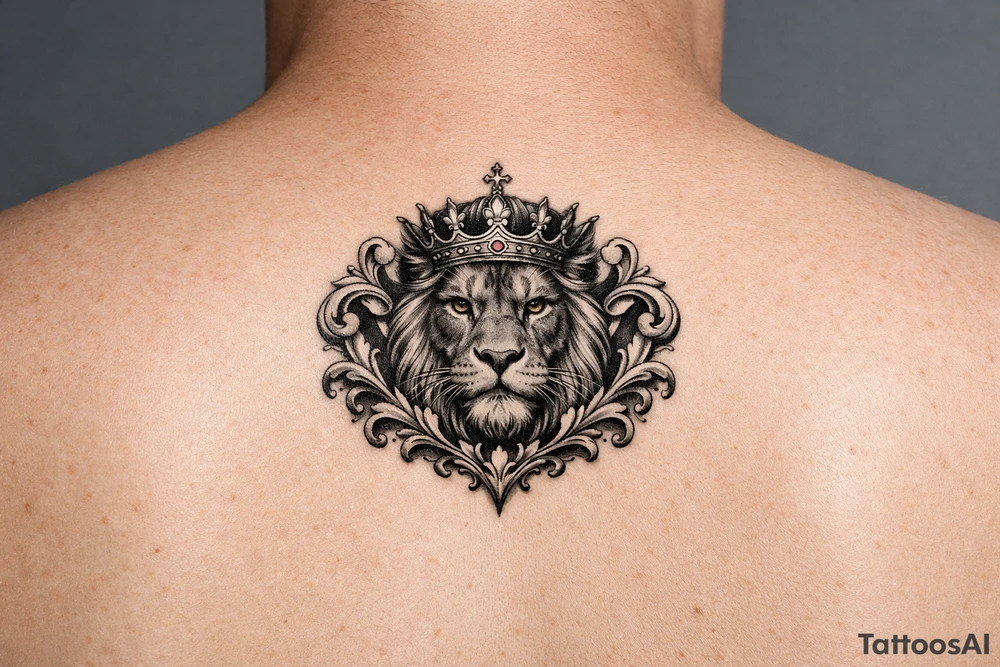powerful majestic lion with a crown, framed by ornate floral scrollwork tattoo idea