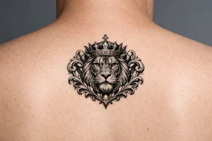 powerful majestic lion with a crown, framed by ornate floral scrollwork tattoo idea