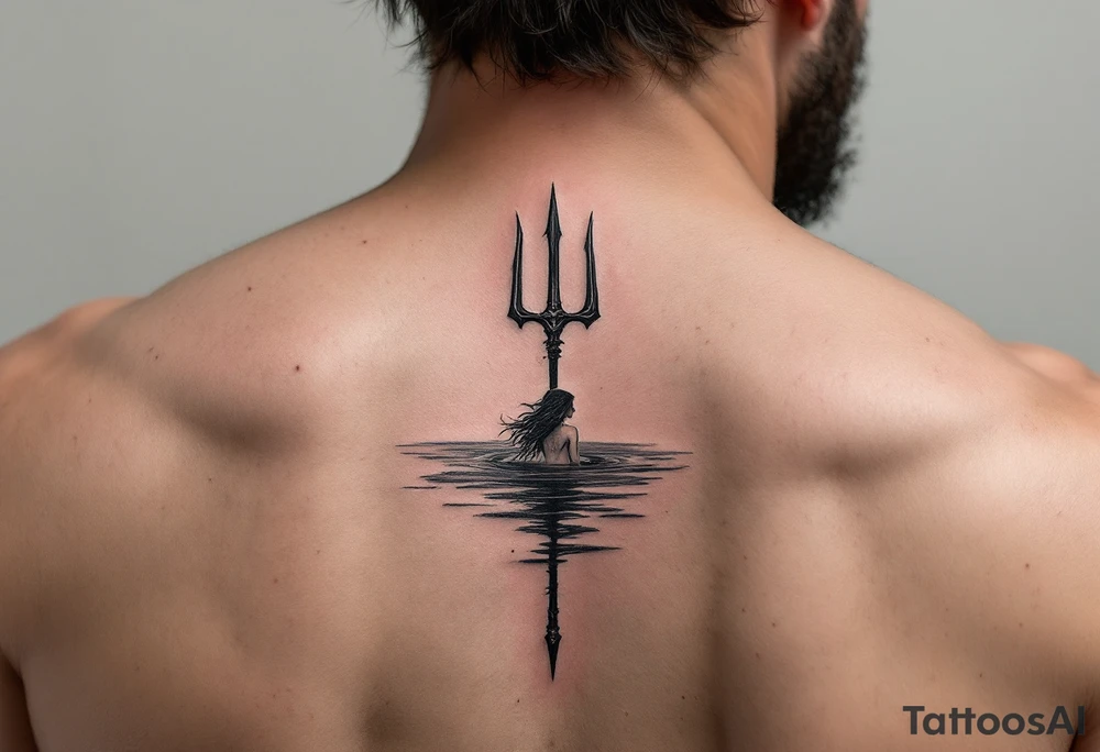 trident half way under calm water with mermaid tattoo idea