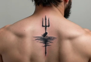 trident half way under calm water with mermaid tattoo idea