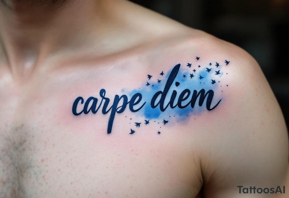 Blue watercolor script fading from dark to light "carpe diem", trailing a flock of black birds in flight. tattoo idea