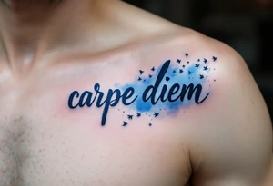 Blue watercolor script fading from dark to light "carpe diem", trailing a flock of black birds in flight. tattoo idea