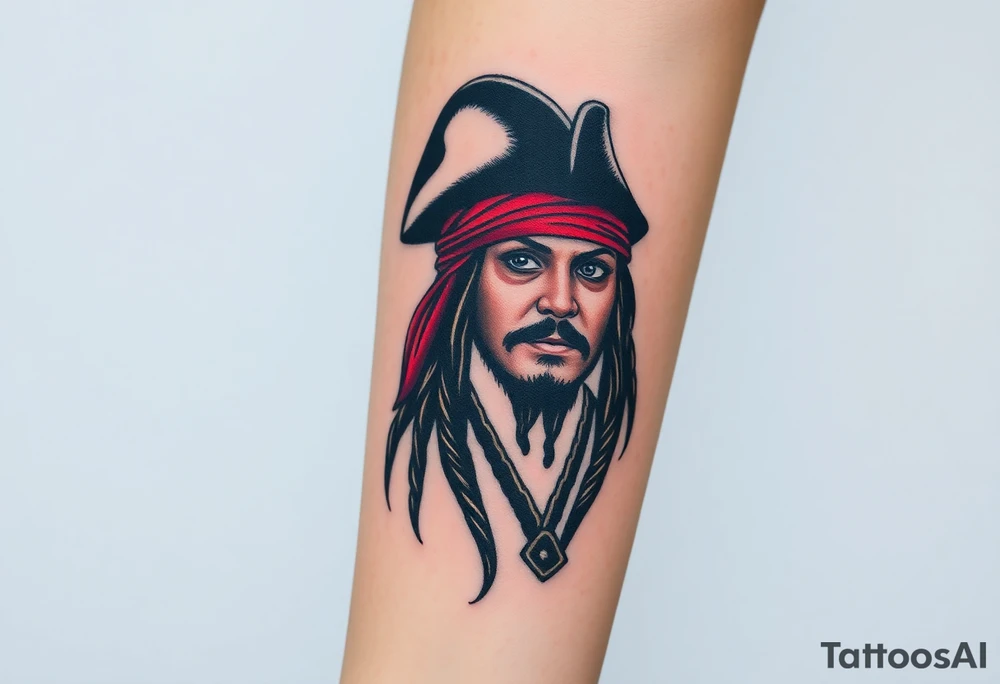 A stylized Jack Sparrow with exaggerated pirate hat and wild dreadlocks, done in bold black ink with deep red highlights for the bandana tattoo idea