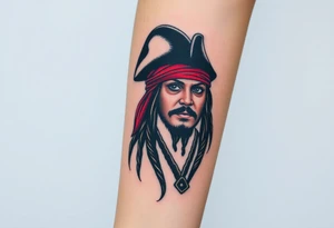 A stylized Jack Sparrow with exaggerated pirate hat and wild dreadlocks, done in bold black ink with deep red highlights for the bandana tattoo idea