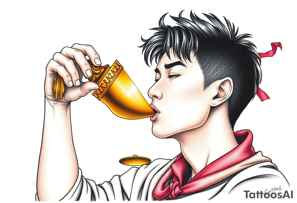Handsome Asian young guy is drinking from medieval golden cup tattoo idea