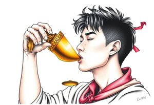 Handsome Asian young guy is drinking from medieval golden cup tattoo idea