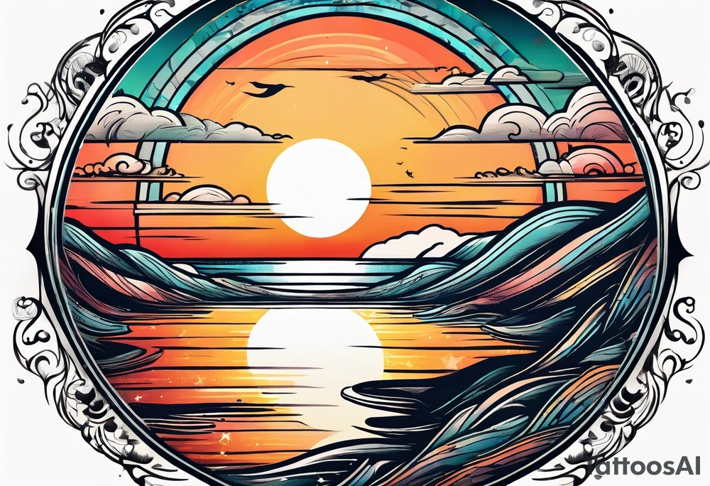 Circle shape, inside sunset and ocean drawing with retro look tattoo idea